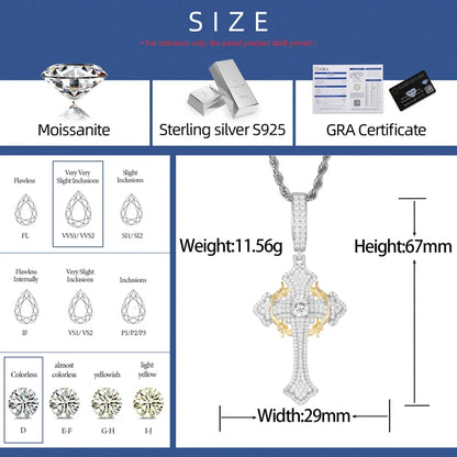 S925 Moissanite Two-Tone Cross Pendant with Crown Halo Detail