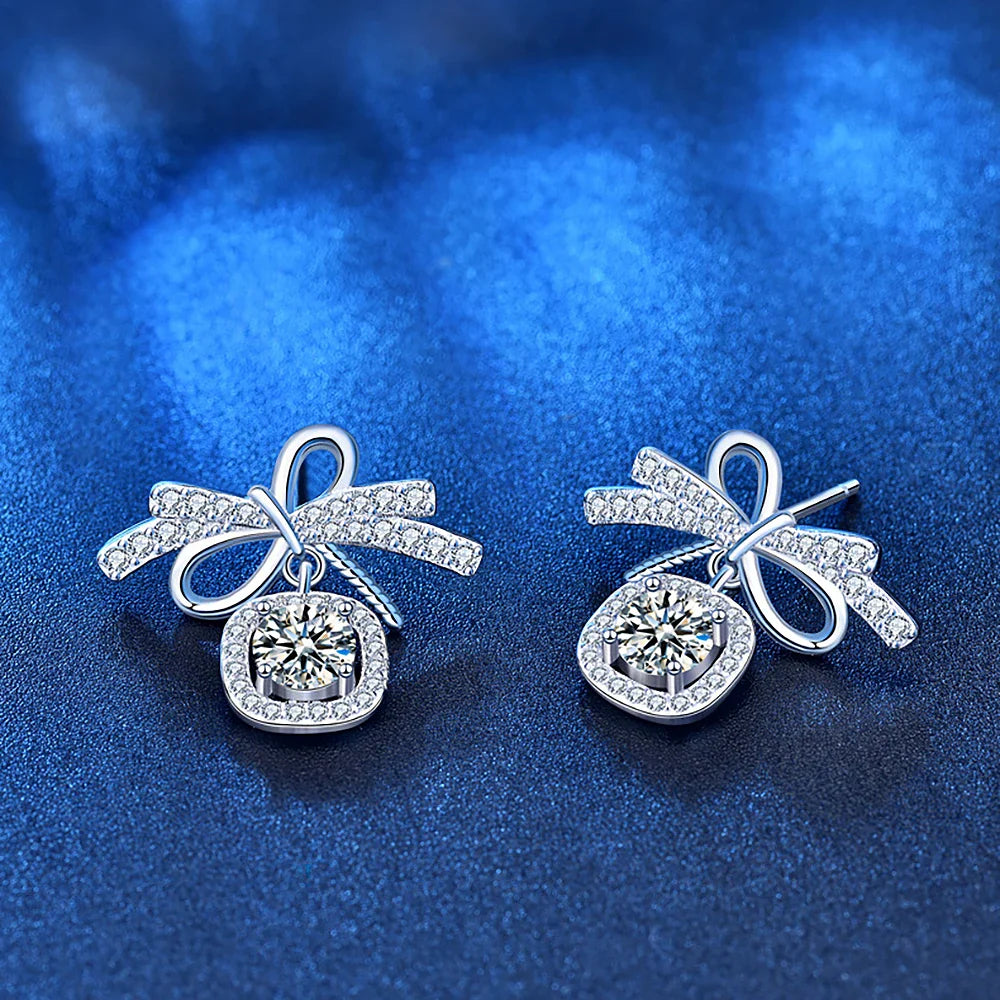 Women's S925 Moissanite Ribbon Bowknot Tie Stud Earrings