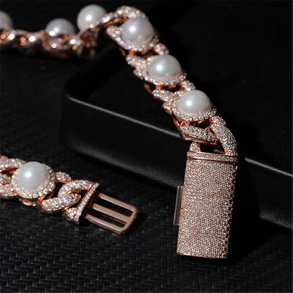S925 Rose Gold Moissanite Iced Pearl Cuban Chain - 15mm