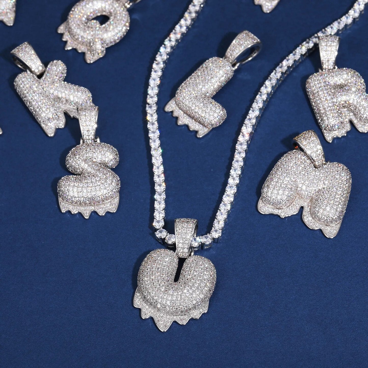 925 Sterling Silver Moissanite Bubbler Micro Paved A-Z Letter Pendant