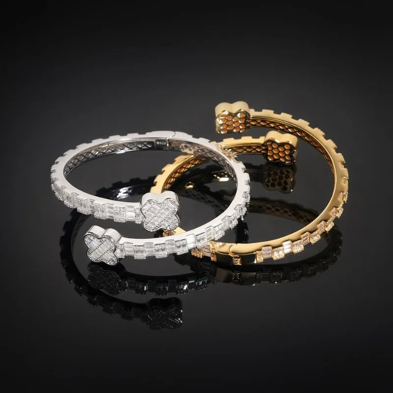 S925 Moissanite Baguette Clover Diamond Bangle