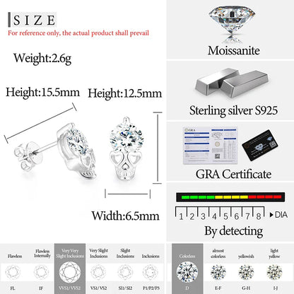 S925 Moissanite Round Cut Skull Diamond Stud Earrings