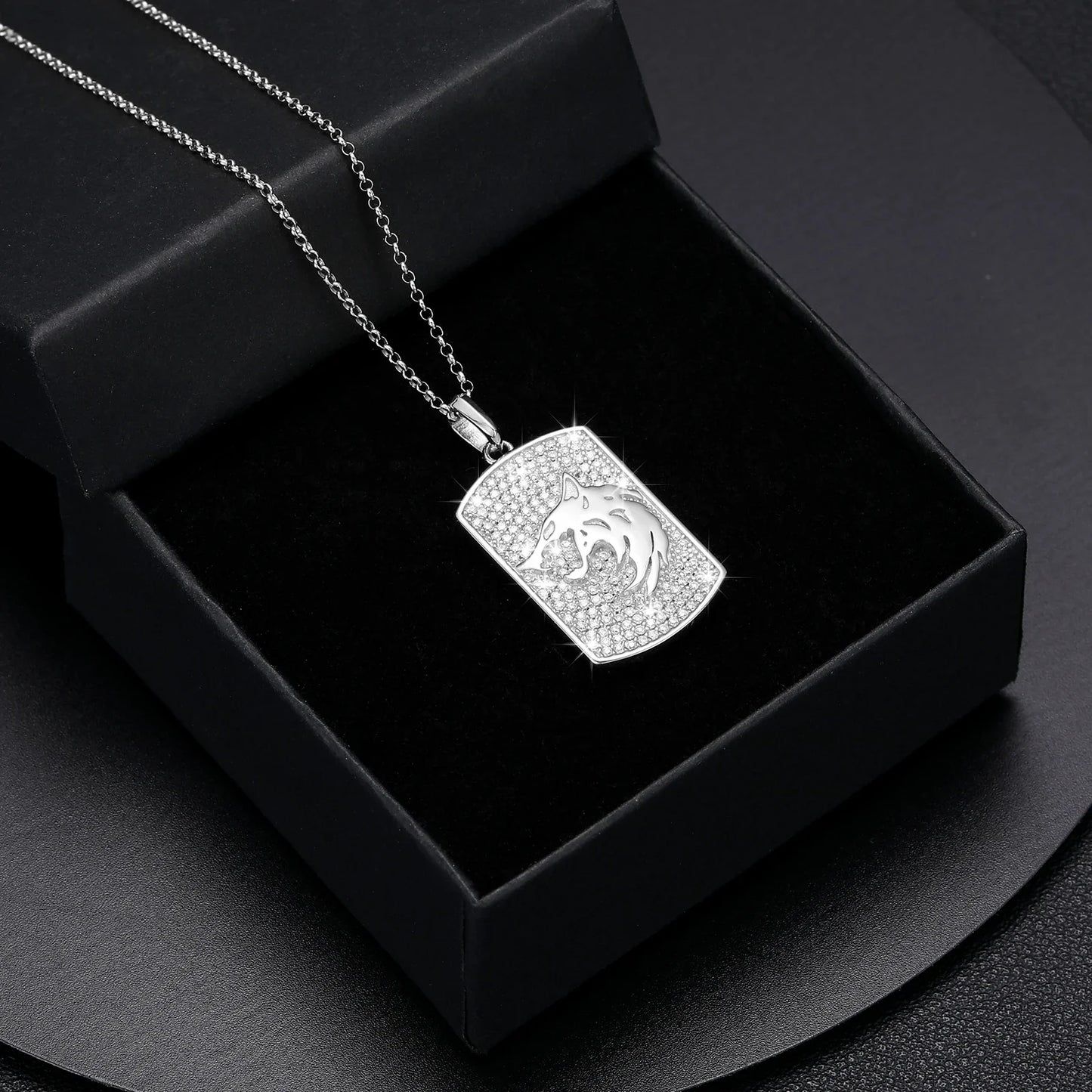 Wolf Head Moissanite Tag Pendant