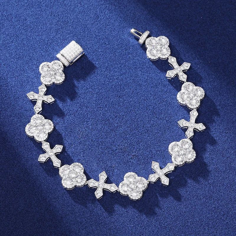 S925 Iced Frosty Flower Cross Link Bracelet - 14mm