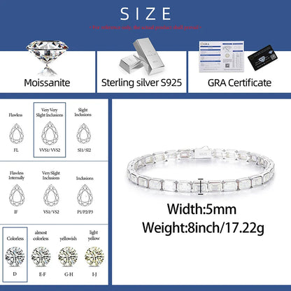 S925 Moissanite Baguette Rectangular Octagon Shape Bracelet - White Gold (5mm)