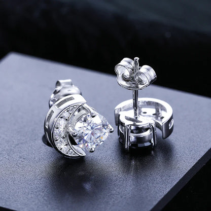 New S925 VVS Black White Moissanite Moon Stud Earrings
