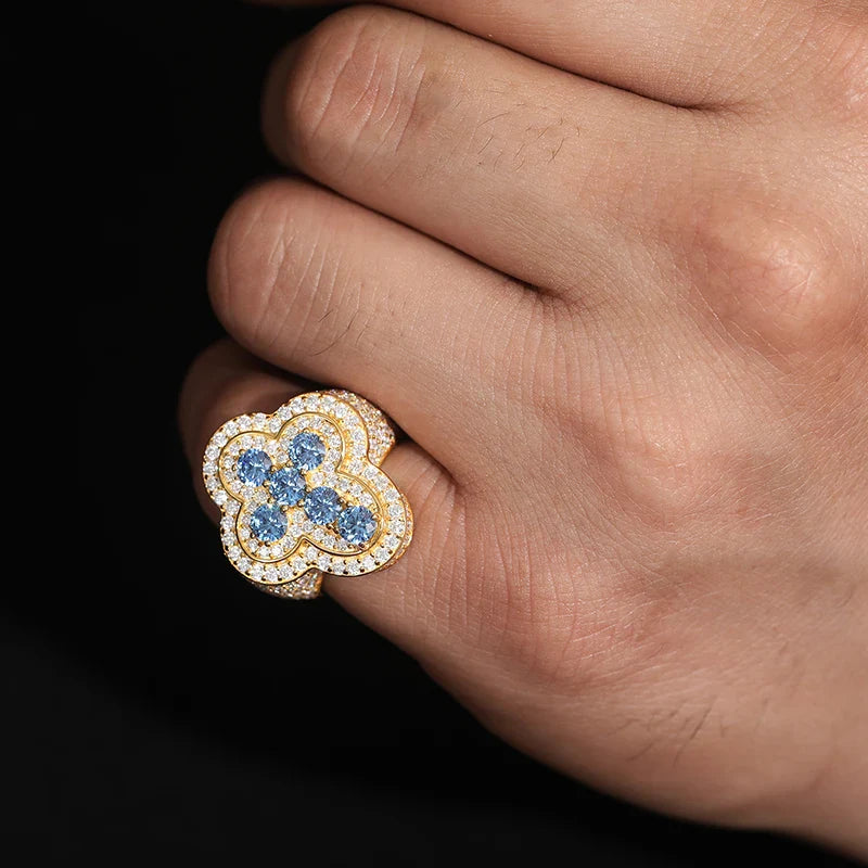 S925 ROUND CUT BLUE TENNIS CROSS GEMSTONE MOISSANITE DIAMOND RING