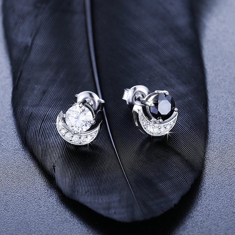 New S925 VVS Black White Moissanite Moon Stud Earrings