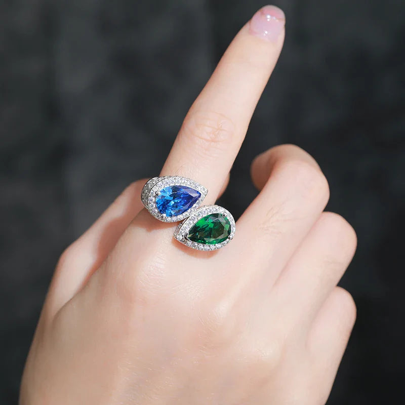 S925 Moissanite Blue & Green Gem Ring