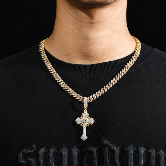 S925 Moissanite Two-Tone Cross Pendant with Crown Halo Detail