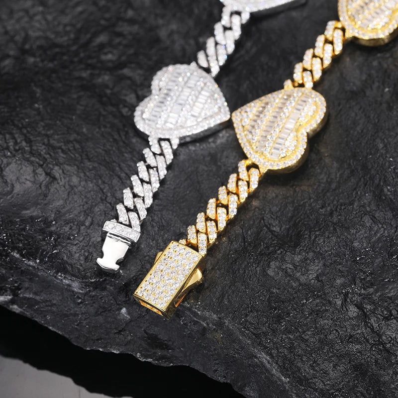 S925 Moissanite Diamond Baguette Heart Cuban Link Bracelet