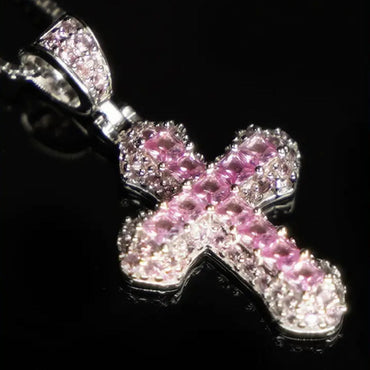 925 Sterling Silver Pink Baguette Cross Pendant