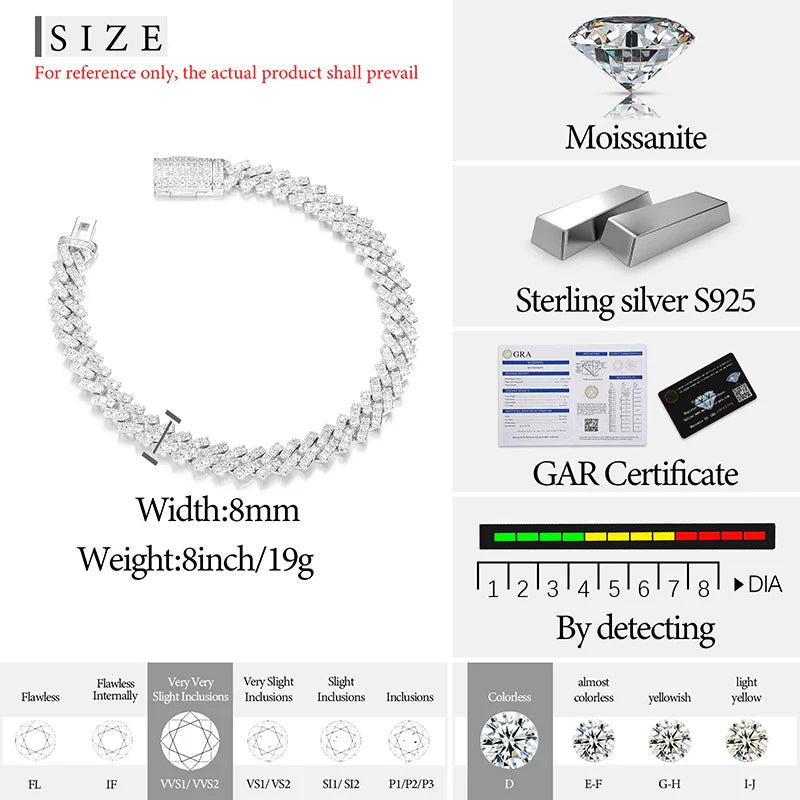 8MM MOISSANITE DIAMOND PRONG LINK CUBAN BRACELET