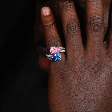 S925 Moissanite Pink & Blue Gem Ring