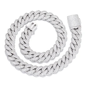 18MM ICED OUT DIAMOND CURVE CUBAN LINK CHAIN NECKLACE - WHITE GOLD