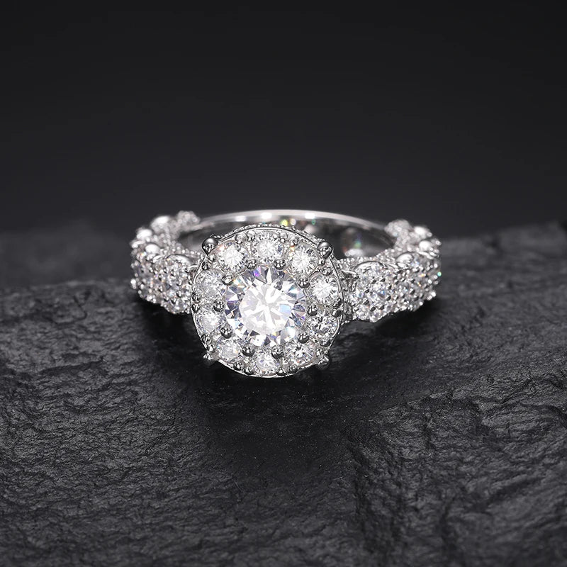 S925 Moissanite Round Cut Halo Clustered Diamond Ring