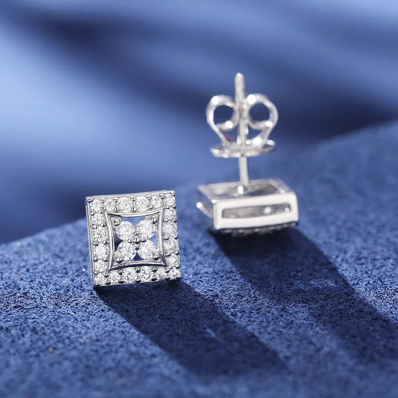 Moissanite Lucky Clover Square Halo Stud Earrings