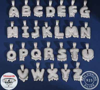 925 Sterling Silver Moissanite Bubbler Micro Paved A-Z Letter Pendant