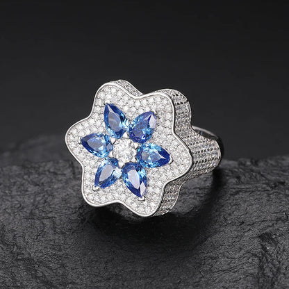 Midnight Blue Gemstone Pear Cut Flower Pave Diamond Ring