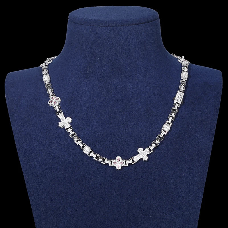 S925 Moissanite Clover Leaf Cross Link Necklace or Bracelet in White Gold - 12mm