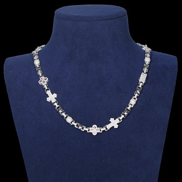 S925 Moissanite Clover Leaf Cross Link Necklace or Bracelet in White Gold - 12mm