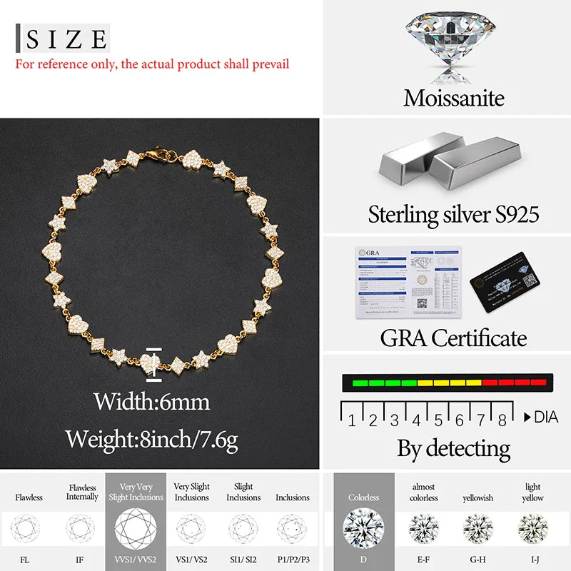 S925 Moissanite Heart-Star Link Diamond Bracelet - 6mm