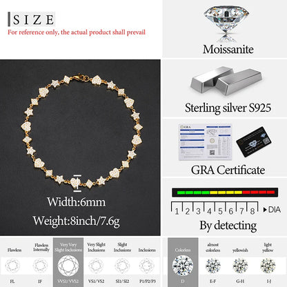 S925 Moissanite Heart-Star Link Diamond Bracelet - 6mm