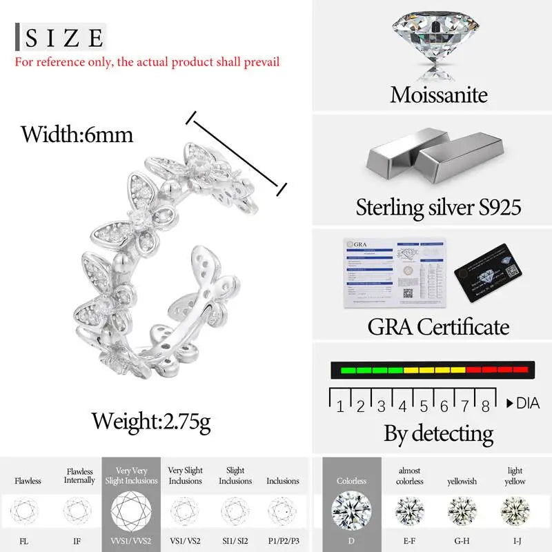 S925 Moissanite Open Cuff Butterfly Diamond Ring