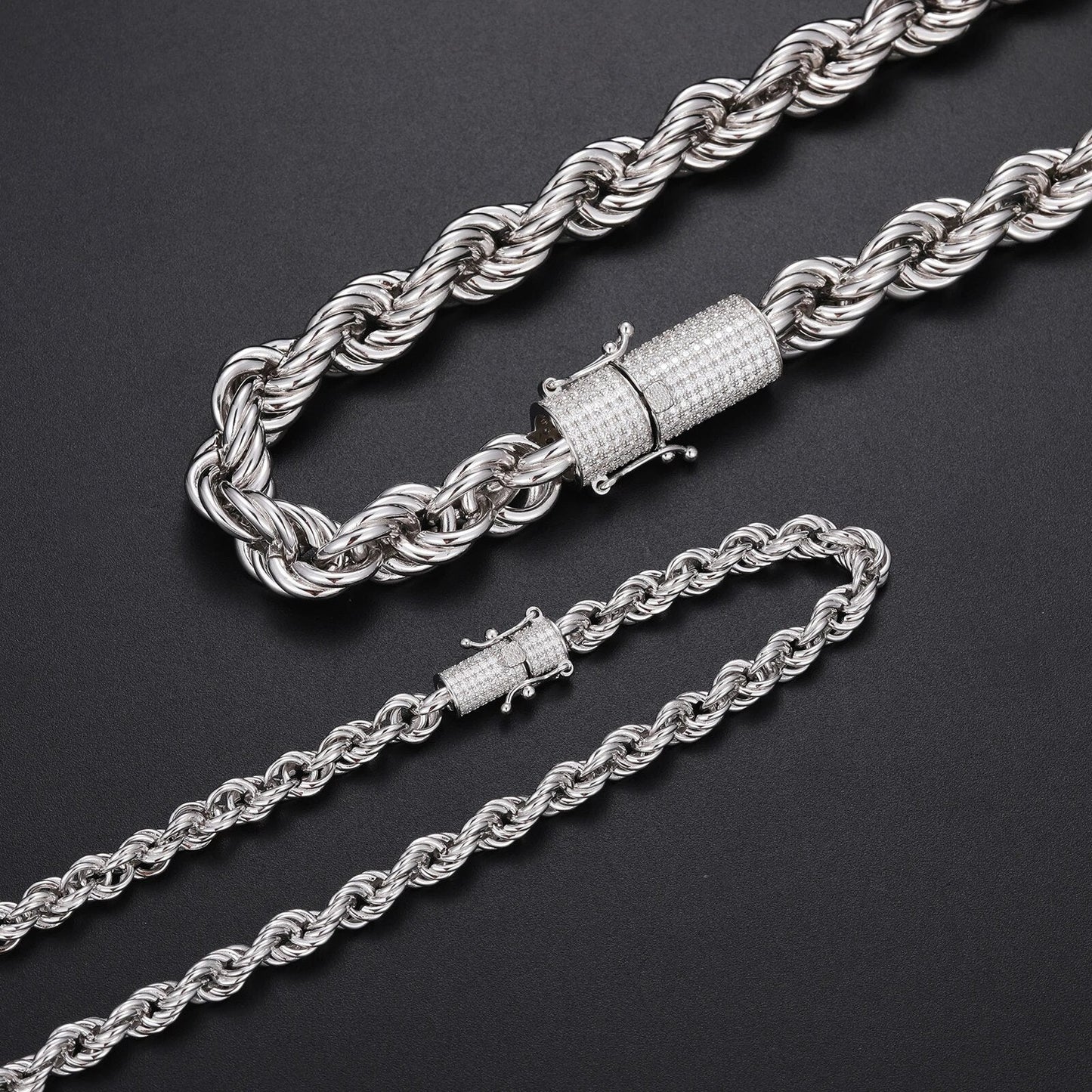 925 Sterling Silver 6MM/12MM Twist Rope Chain Necklace With Moissanite Clasp