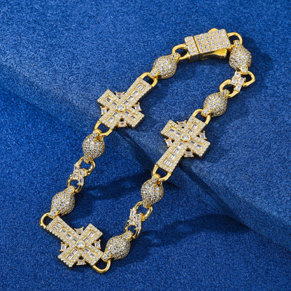 S925 Moissanite Diamond Iced Royal Cross Link Bracelet - 14mm