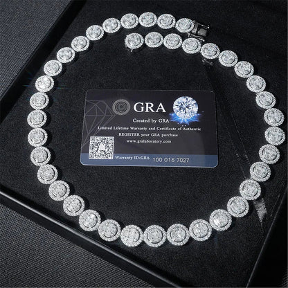 White Gold Round Cut Halo Tennis Chain Necklace - 13mm