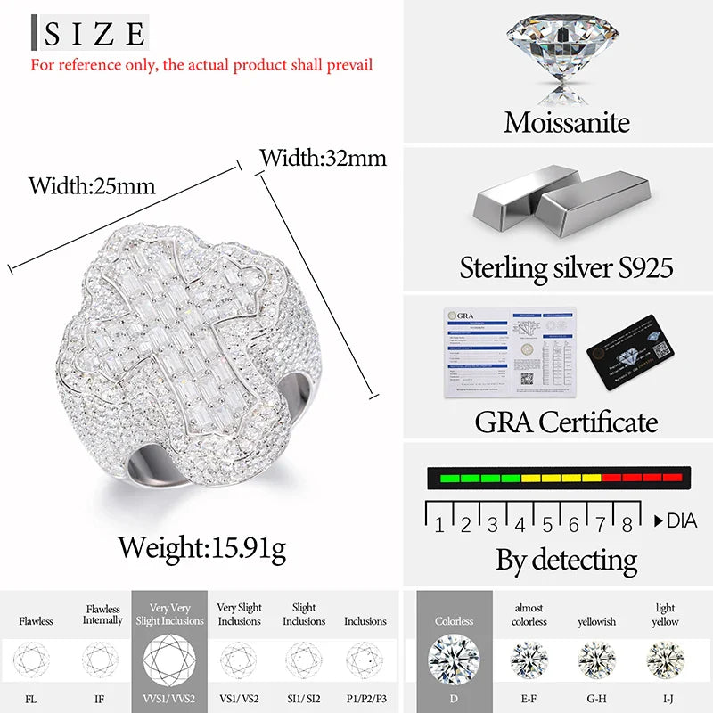 S925 Moissanite BAGUETTE CROSS PAVED DIAMOND RING - White Gold