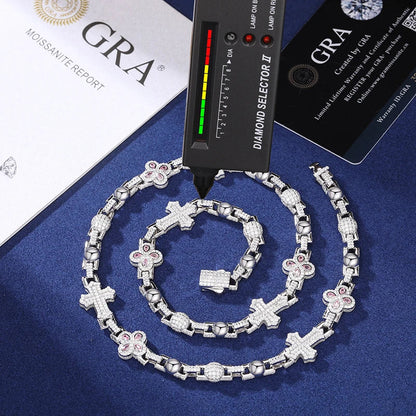 S925 Moissanite Clover Leaf Cross Link Necklace or Bracelet in White Gold - 12mm