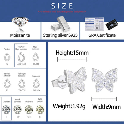 S925 Moissanite Butterfly Stud Earrings