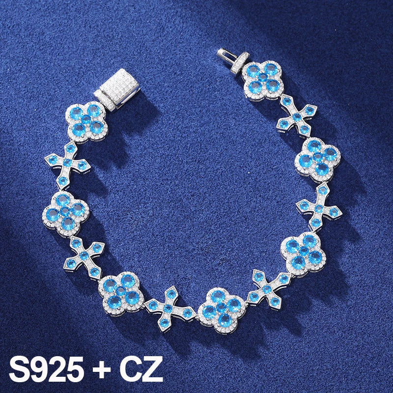 S925 Iced Frosty Flower Cross Link Bracelet - 14mm