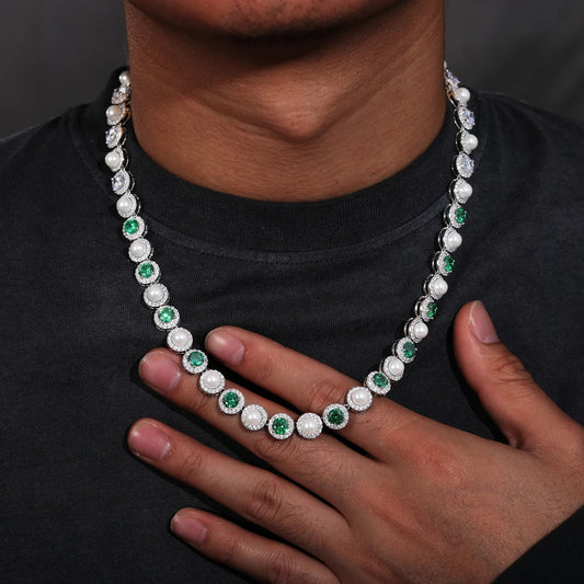 9mm S925 Green Moissanite Pearl Chain
