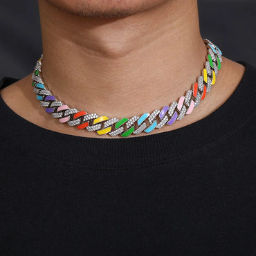 14mm Multi-Colored VVS Moissanite & S925 Cuban Prong Link Chain