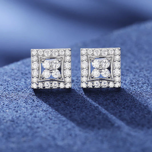 Moissanite Lucky Clover Square Halo Stud Earrings