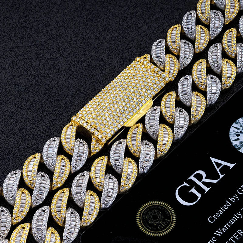 Two-Tone Gold Baguette Curve Cuban Link Chain Necklace - 15mm