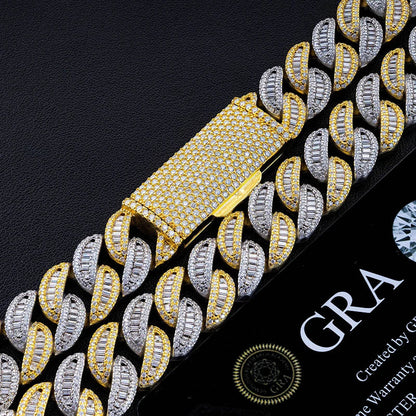 Two-Tone Gold Baguette Curve Cuban Link Chain Necklace - 15mm