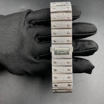 CARTIER SANTOS MOISSANITE WATCH WITH BLACK ROMAN NUMERAL DIAL – FULL ICED OUT
