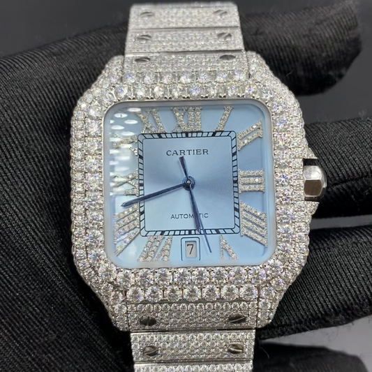 CARTIER SANTOS MOISSANITE WATCH WITH SKY BLUE DIAL – DIAMOND ROMAN NUMERAL EDITION