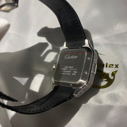 CARTIER SANTOS CHRONOGRAPH WATCH WITH ROMAN DIAL – BLACK LEATHER & DIAMOND BEZEL EDITION