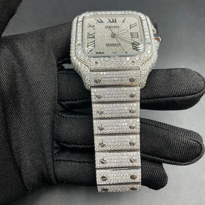 CARTIER SANTOS MOISSANITE WATCH WITH BLACK ROMAN NUMERAL DIAL – FULL ICED OUT