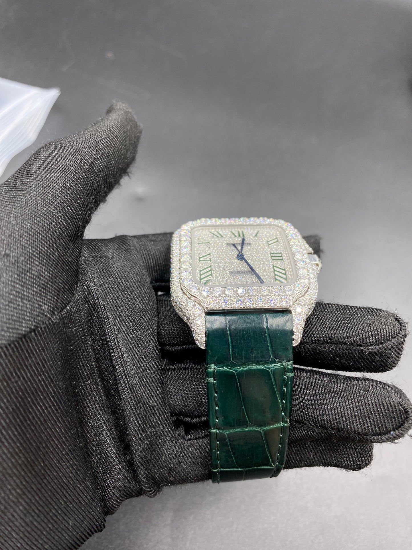 CARTIER SANTOS MOISSANITE WATCH WITH GREEN ROMAN NUMERAL DIAL – EMERALD LEATHER STRAP