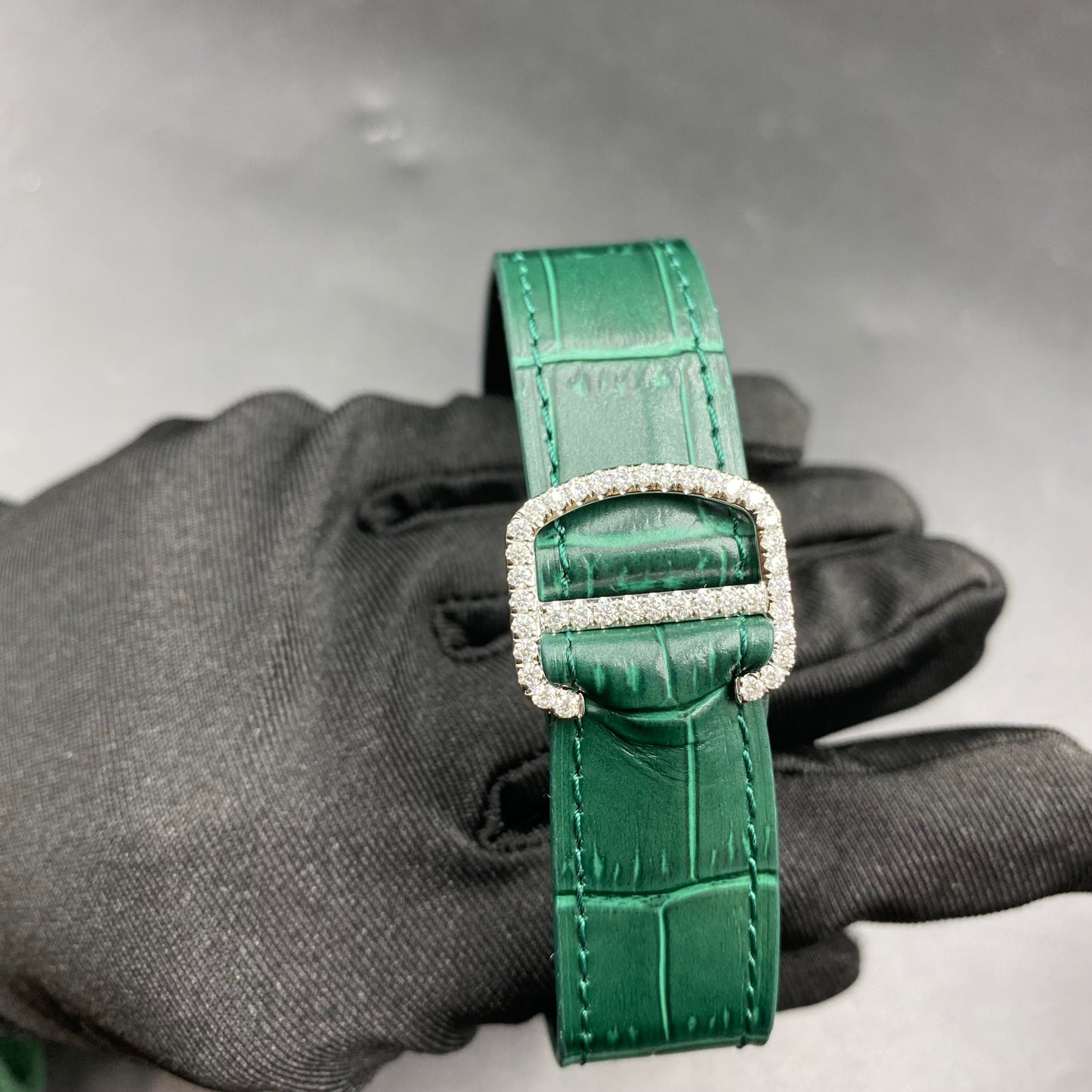 CARTIER SANTOS MOISSANITE WATCH WITH EMERALD GREEN DIAL – GREEN LEATHER STRAP EDITION