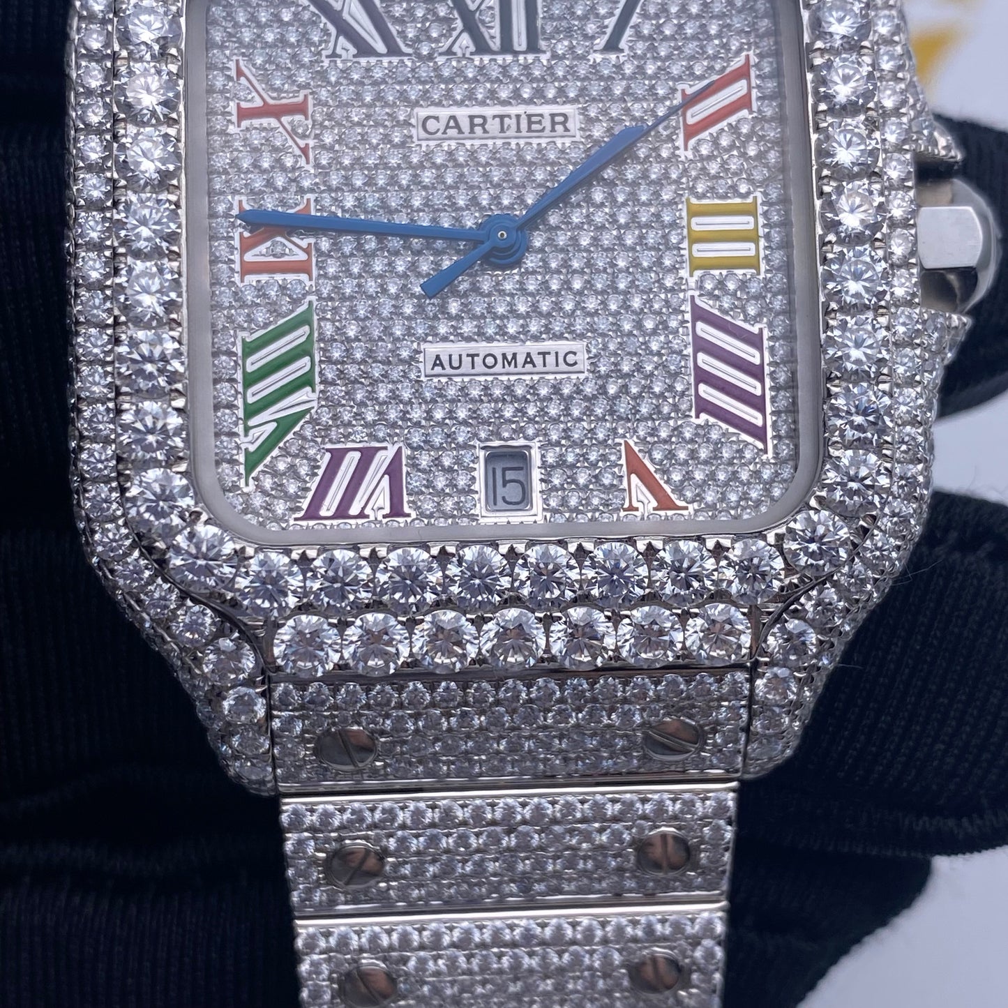 CARTIER SANTOS MOISSANITE WATCH WITH MULTICOLOR ROMAN NUMERAL DIAL – FULL ICED OUT