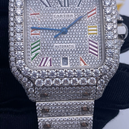 CARTIER SANTOS MOISSANITE WATCH WITH MULTICOLOR ROMAN NUMERAL DIAL – FULL ICED OUT