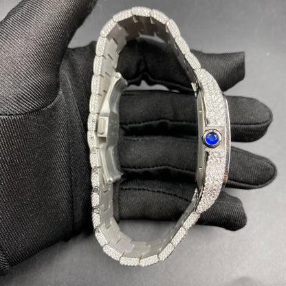 CARTIER SANTOS MOISSANITE WATCH WITH BLACK ROMAN NUMERAL DIAL – FULL ICED OUT