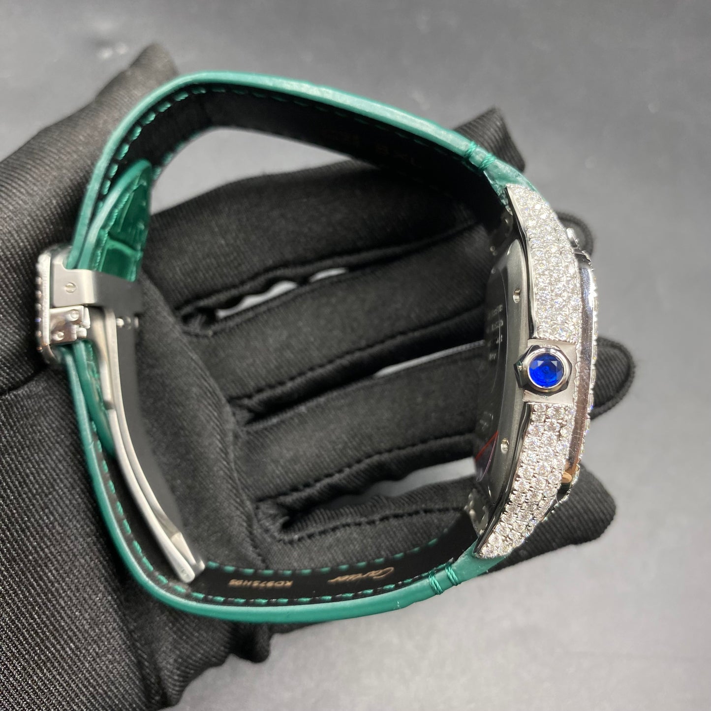 CARTIER SANTOS MOISSANITE WATCH WITH EMERALD GREEN DIAL – GREEN LEATHER STRAP EDITION